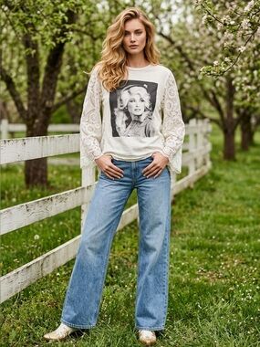 Custom Dolly Parton One of a Kind Oversized White Lace-Sleeve Band Tee